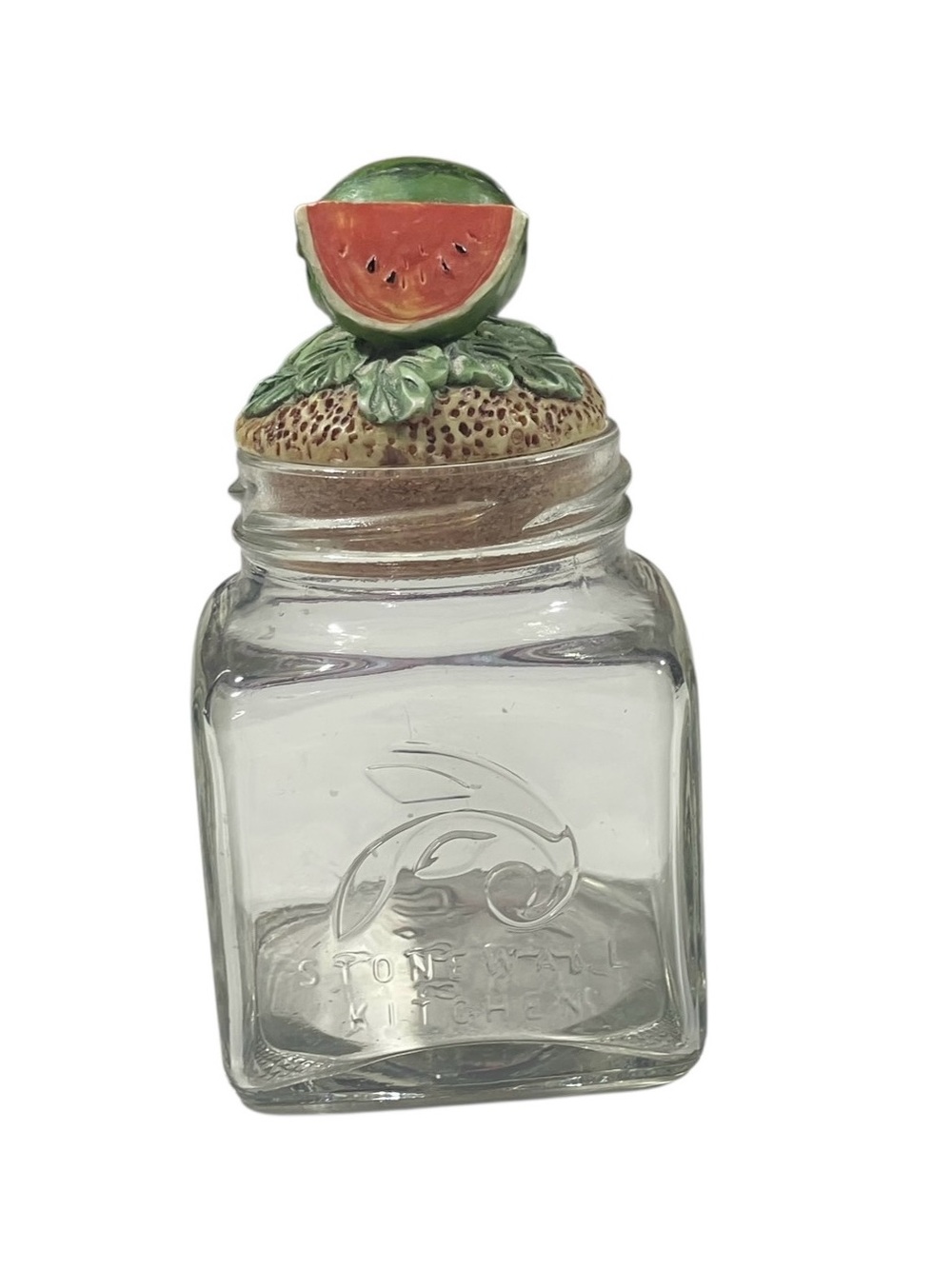 Vintage Cottagecore Jar Clear Glass Watermelon Cork Lid Stonewall Kitchen